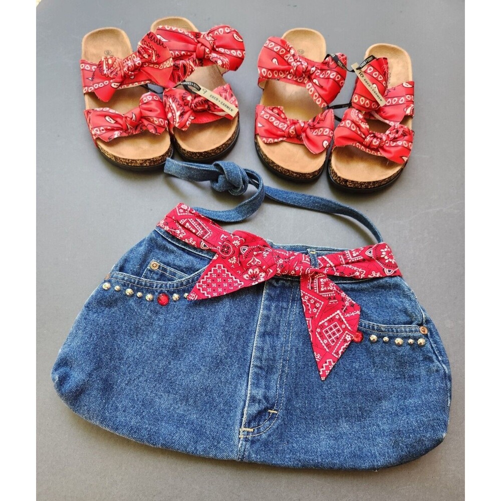 Coco + Carmen Size 9 +10 Footbed Sandals Red Bandana Print Lee Blue Jean Purse